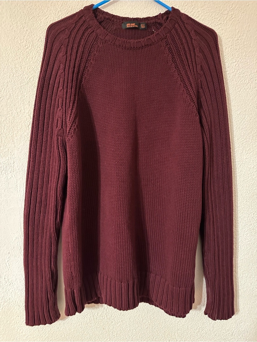 Zara Man Sweater Ribbed Burgundy 100% Cotton Crewneck Long Raglan Sleeves SizeXL